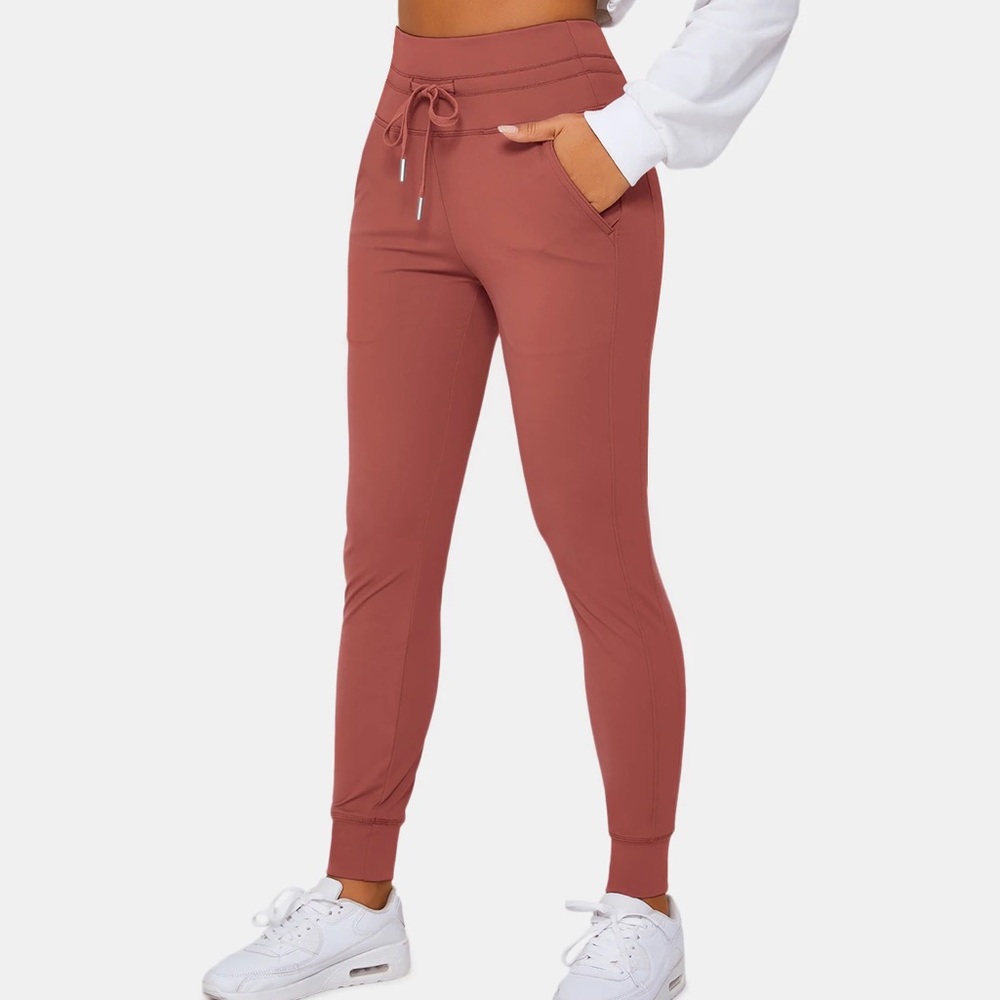 High Waisted Drawstring Side Pocket Plain Full Length Joggers - Brick Orange